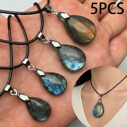5 mặt dây chuyền đá tự nhiên, mặt dây chuyền hình giọt nước Labradorite, đá mặt trăng với ánh sáng xanh lấp lánh, nhiều màu sắc, thích hợp làm trang sức, vòng cổ tự làm, phụ kiện thời trang - Món quà hoàn hảo cho người thân yêu (Không bao gồm dây da)