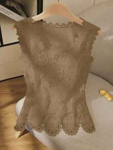 Camiseta de mujer de encaje a ganchillo, diseño de blusa elegante y de moda sin mangas, estilizadora - Caqui - Ver 1