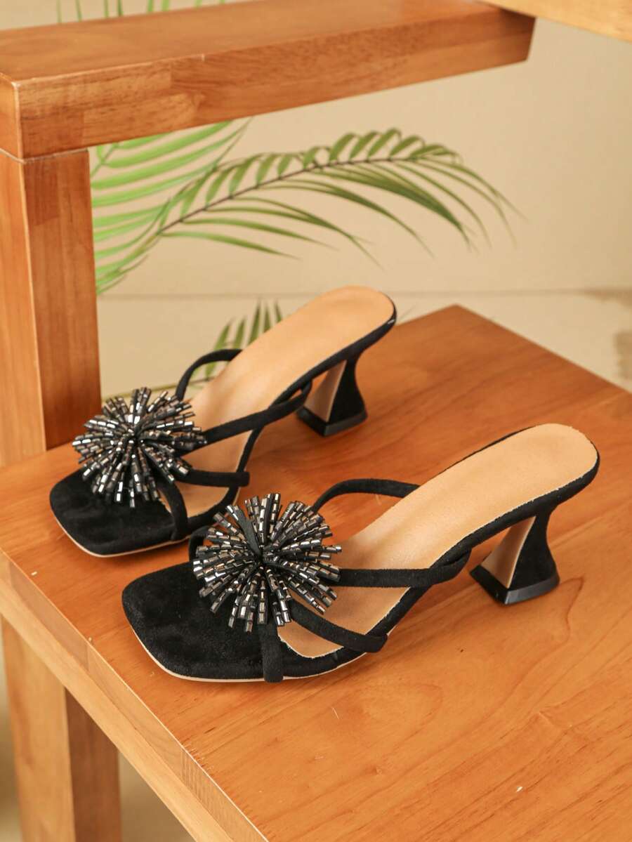 Square Toe Butterfly Design 2025 Spring/Summer New Arrival Strap High Heel Sandals, Elegant Goddess Style Chunky Heel Slides