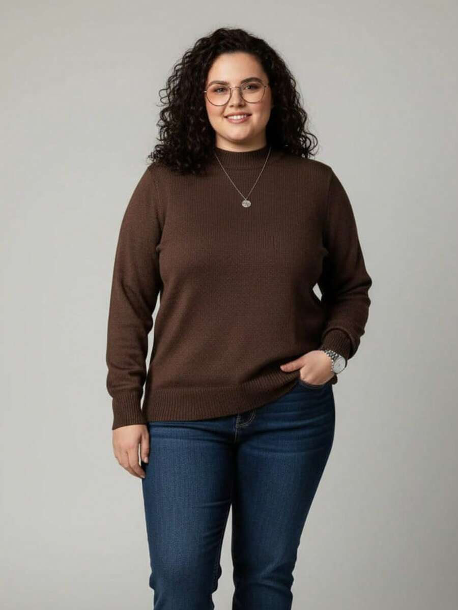 Vivi Women's Plus Size Wool Sweater For Cold Weather, Basic Knit, Long Sleeve - 棕色 - 查看 1