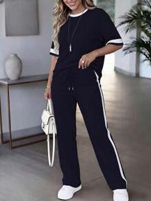 Conjunto de 2 piezas para mujer de primavera/verano, top de manga corta de cuello redondo y contraste de color casual y versátil, y pantalones rectos de cintura alta con cordón - Azul oscuro 46 - Ver 3