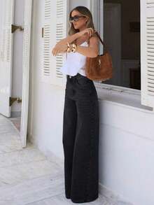 Jeans rectos holgados y casuales para mujer con bolsillos, pantalones vaqueros lavados simples, adecuados para el verano y también un artículo imprescindible para el otoño y la primavera - Negro - Ver 3