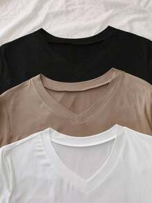 Camiseta casual versátil de mujer de unicolor con cuello en V y manga corta - Blanco - Ver 10