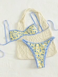 Bộ bikini nữ họa tiết hoa nhí hai mặt, dây quai mảnh, dáng ôm, phù hợp bơi lội và đi biển mùa xuân/hè - Nhiều màu - Xem 4