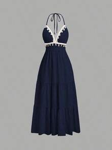 YHHSweetra Vestido de mujer con cuello halter, cintura anudada y ribete de concha a la altura de la rodillaYHH - Albaricoque - Ver 7
