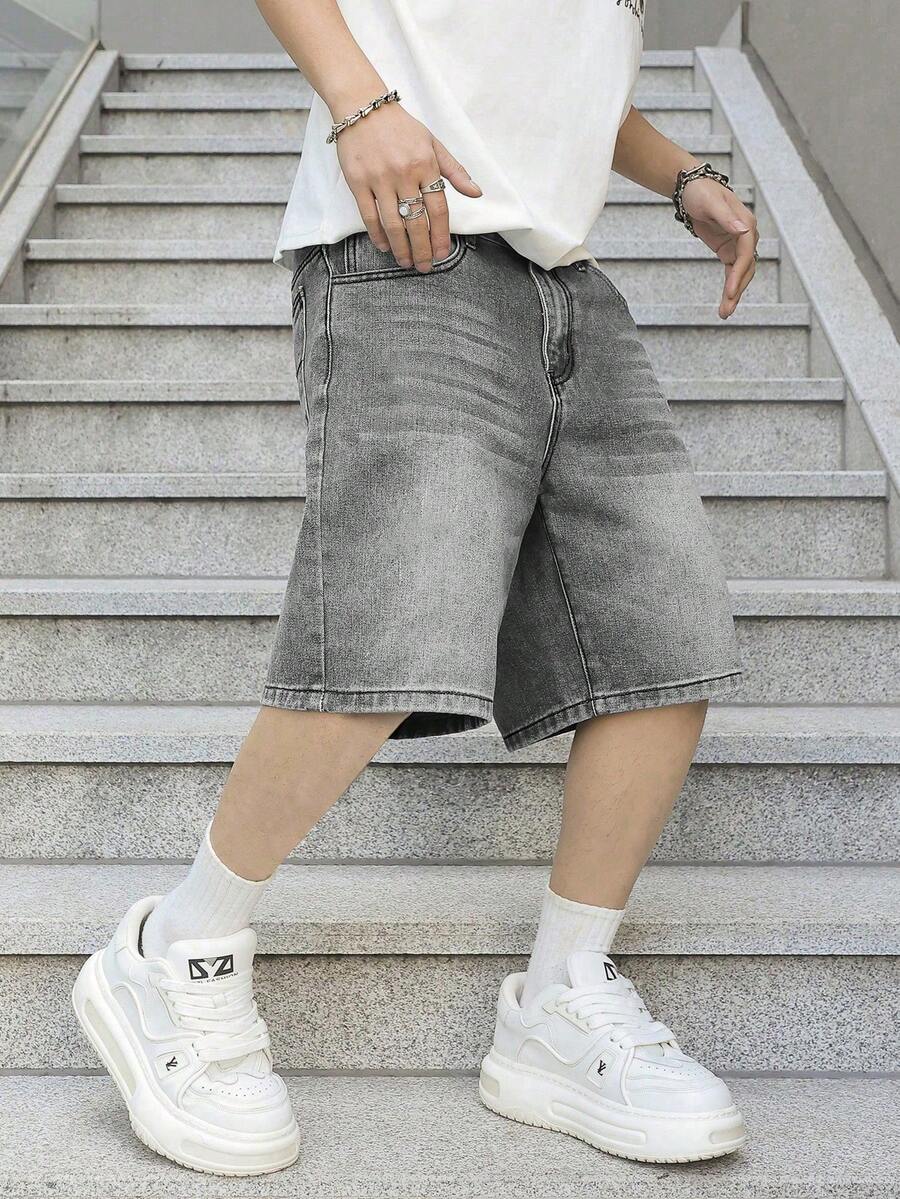 Quần short denim ống đứng thoải mái, phù hợp cho nam thiếu niên, quần short jeans dáng rộng, kiểu dáng đường phố, phong cách vintage cổ điển, quần short denim thường ngày. - Xám - Xem 1