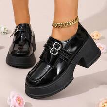 Women's Black Patent Platform Loafers, All-Match Chunky Heel Shoes For School/Office/Events - màu đen - Xem 9