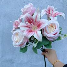 Ramo de colores de primavera: rosas y lirios mixtos de 9 varillas con rosas - Flores de corte fresco para decoración del hogar, boda, aniversario, regalo-G JDI2 - Naranja - Ver 7