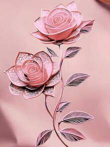 Camiseta de manga corta de escote redondo con estampado floral 3D para mujer, casual de verano - Rosa vieja - Ver 4