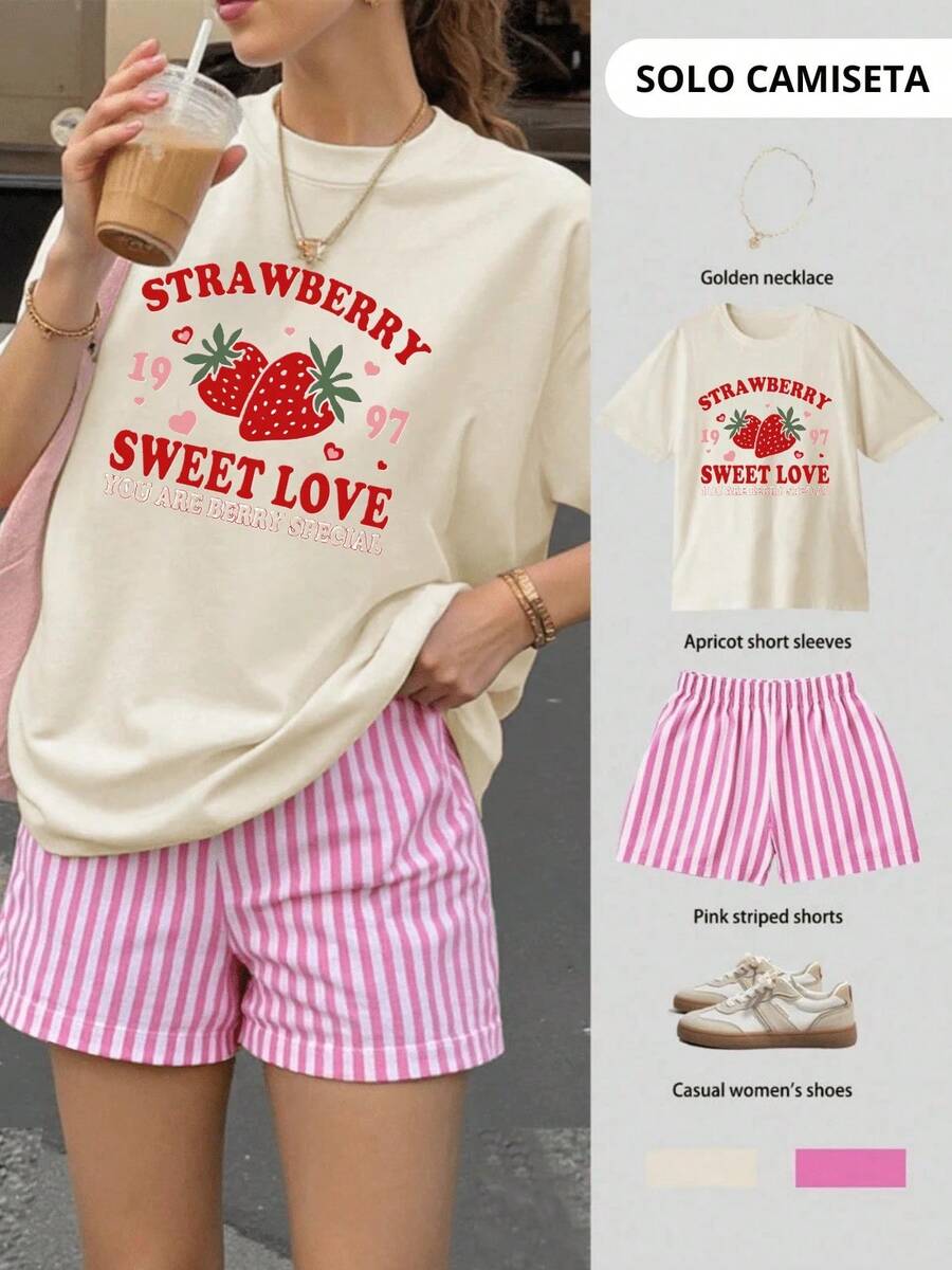 Blusa oversize con estampado de fresa y letras verano fresco amigos divertido - Beis - Ver 1