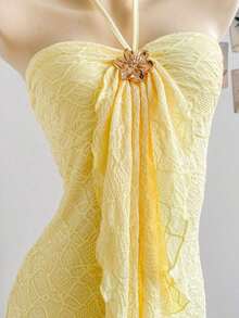 2026 Women's Romantic Gradient Mesh Knit Holiday Dress With Halter Neck, Bow And Decorative Metal Buckle, Mermaid Cut, Suitable For Parties, Dates, Afternoon Tea, Sexy And Elegant - 黃色 - 查看 3