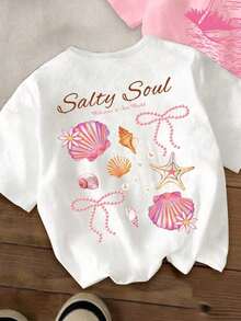 Short-Sleeved T-Shirt With Round Neck And Hawaiian Floral And Letter Print For Girls, Casual And Modern Style, Ideal For Everyday Outings And Holidays, Hawaiian T-Shirt For The - 彩色 - 查看 3