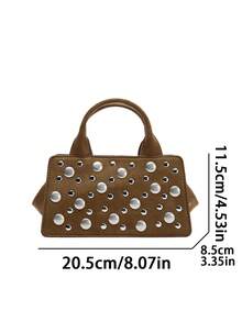 1pc Women's Top Handle Bag, Designer Bag With Metal Rivet Decor, Elongated Zipper Closure Shoulder Bag With Detachable Strap, Interior Pocket, Suitable For Travel, Outdoor, Commute And Daily Use, Durable Handle, Fashion Accessory, New Style Woven Tote Bag, Fashion Wallet, Square Bag, Gift, Shopping Bag, Cosmetic Storage - Camel - View 3