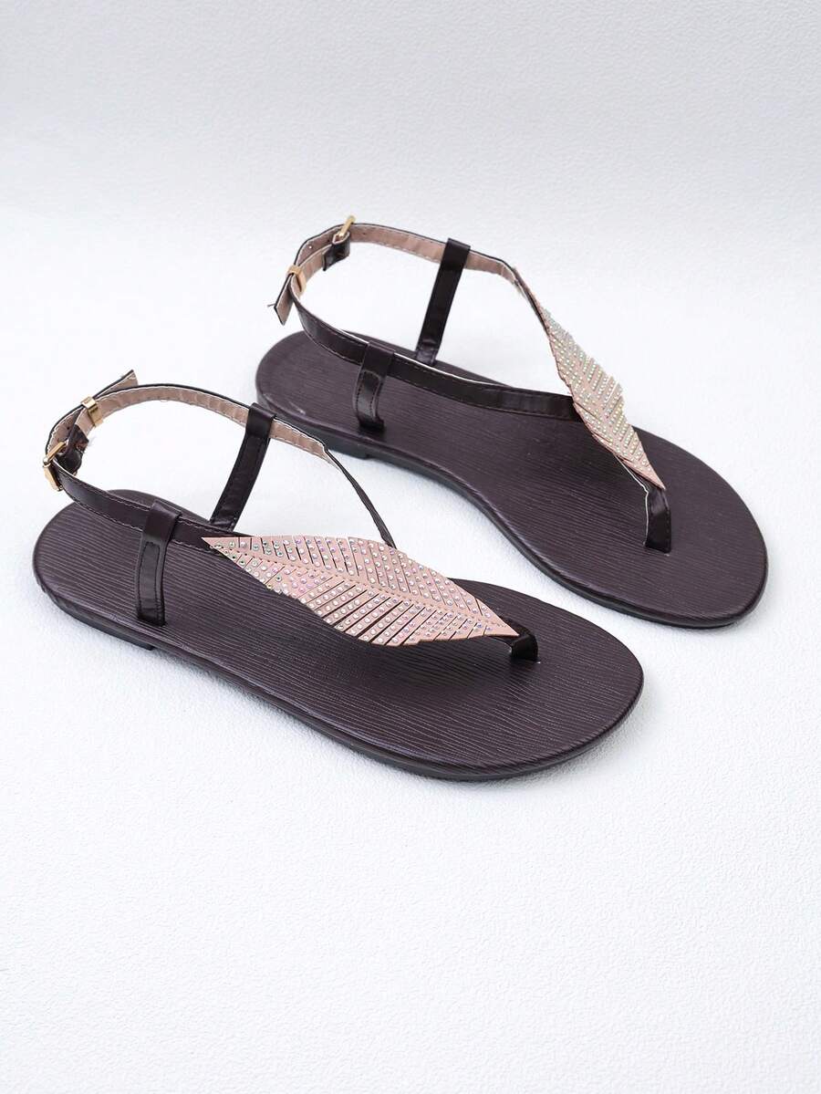 Sandal xỏ ngón hình lá màu nâu sẫm đính đá cho bé gái, kiểu dáng retro cổ điển với khóa cài, thích hợp cho mùa hè. - Màu nâu Sô-cô-la - Xem 1