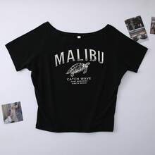 Áo thun nữ màu đen hở vai tay ngắn, chất liệu polyester, in hình rùa biển Malibu thời trang, vải co giãn, phù hợp mặc hàng ngày. - màu đen - Xem 7