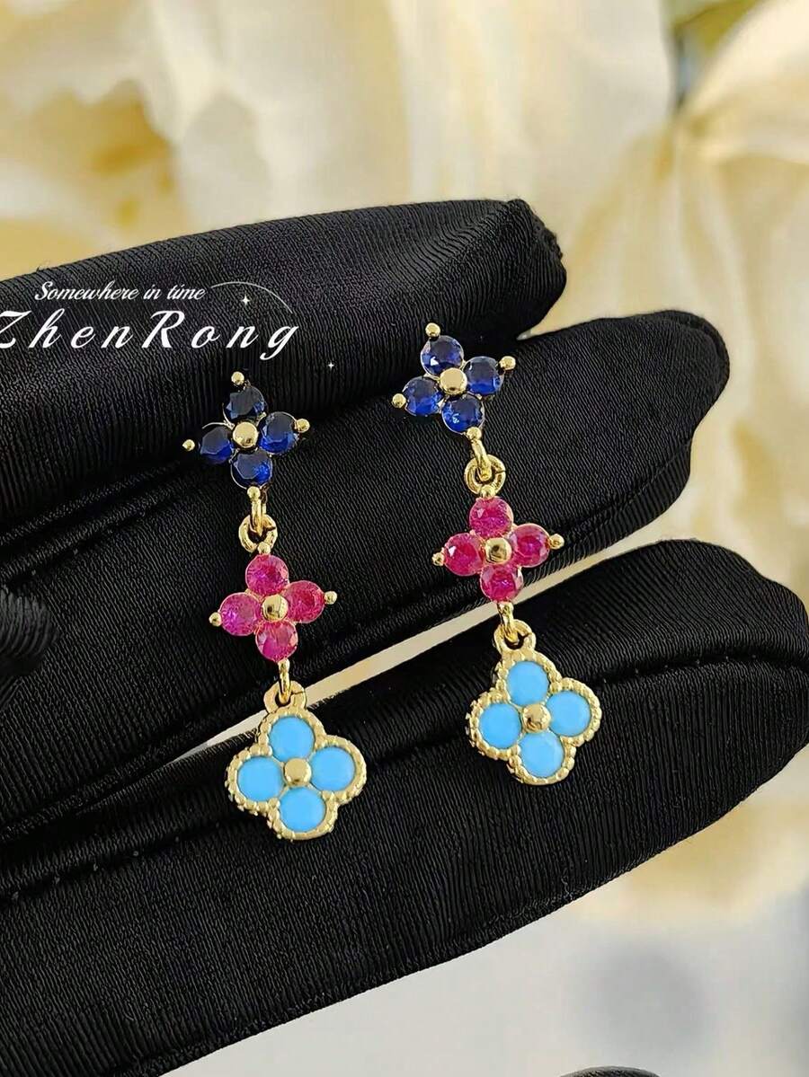 Bông tai bạc Sterling hình cánh hoa bốn cánh đính đá Dopamine đơn giản, thời trang và dễ thương.