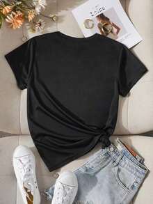 Camiseta de manga corta con cuello redondo y estampado de búho de dibujos animados para mujer, camisetas gráficas para mujer. - Negro - Ver 2