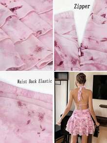 Vestido elegante y romántico de cuello halter, cintura ajustada, vestido corto con volantes plisados en albaricoque y blanco, nuevo vestido de primavera/verano, vestido para cita de San Valentín, vestido casual de vacaciones, vestido románt - Rosa coral - Ver 7