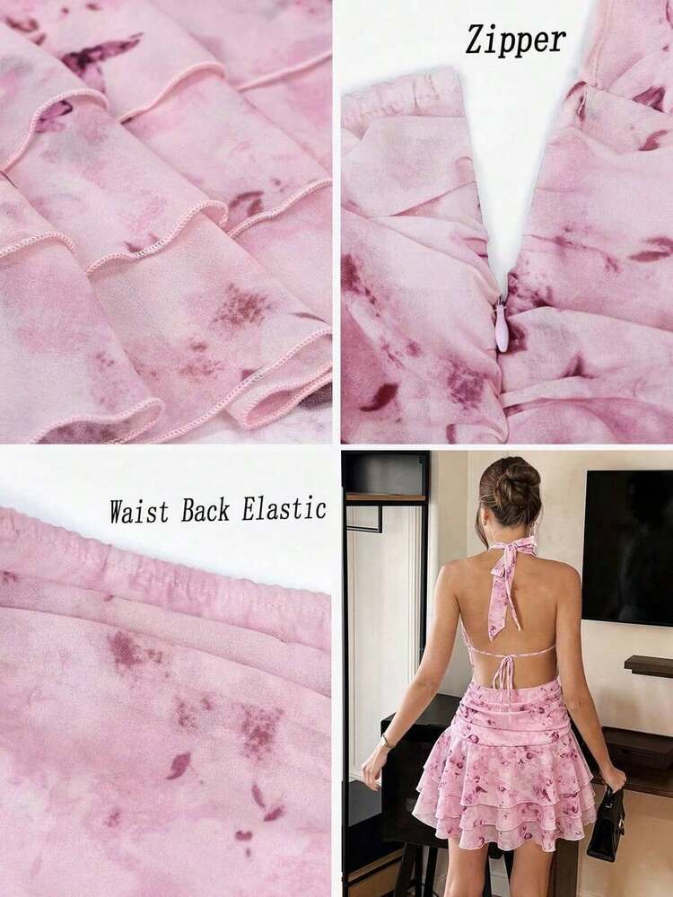 xhePariaura Vestido elegante y romántico de cuello halter, cintura ajustada, vestido corto con volantes plisados en albaricoque y blanco, nuevo vestido de primavera/verano, vestido para cita de San Valentín, vestido casual de vacaciones, vestido romántico de gasa transparente, vestido corto de primavera/verano con volantes multicapa sin mangasxhe - Rosa coral - Añade 7