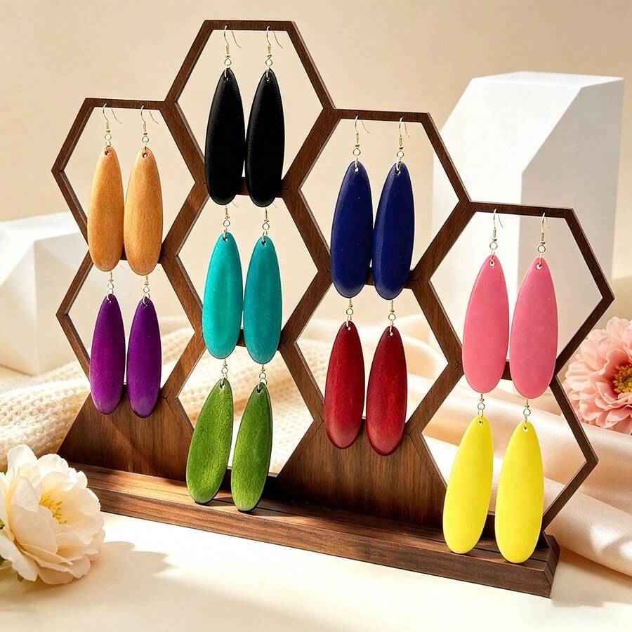 9 Pairs/Set Retro Minimalist Bohemian Style Wooden Earrings, Versatile Mixed Color Geometric Exaggerated Wooden Earrings For Women - Multicolor - View 1
