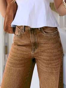 Jeans rectos holgados y casuales para mujer con bolsillos, pantalones vaqueros lavados simples, adecuados para el verano y también un artículo imprescindible para el otoño y la primavera - Marrón - Ver 5