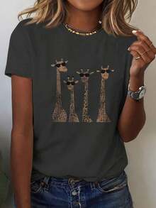 Camiseta de manga corta con estampado de jirafa y pestañas para atuendos casuales, blusas con estampado de guepardo para mujer, tops para verano y primavera-- Camiseta casual holgada de puro algodón. - Caqui - Ver 9