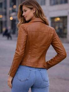 Premium Faux Leather Motorcycle Jacket With Asymmetrical Zipper, Impeccable Finish, Short, Fitted Jacket, Modern And Elegant Biker Style, High-Quality Faux Leather Jacket With Structured Collar, Metal Buttons, Front Zipper Detail, Powerful Look, Versatile Jacket For Day And Night, Perfect Fit, Silhouette-Flavoring Design, Stylish Jacket For Cold Weather, Lightweight And Comfortable, Fashionable, Casual And Chic Women's Jacket, Winter And Autumn Fashion, Sophisticated Urban Look, Jacket With Functional Pocket, Exclusive Design, Black, Brown And Caramel Jacket, Sizes S, M, L, XL, Soft, Durable Leather Jacket, Doesn't Peel, Blogger/Influencer Look, European Style, Wardrobe Essential, Modern And Elegant Outfit, Short Jacket With Slim Cut, Perfect Body Fit, Premium Clothing, High Durability, Women's Biker Jacket, Luxury, Comfortable, Timeless, Refined Style, June Festival - Lạc đà - Xem 2