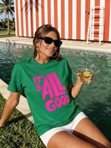 LUNE Camiseta con estampado de retrato, top casual de cuello redondo de manga corta, ropa de mujer para primavera y verano, conjuntos de ropa de vacaciones para mujer, atuendos de verano para mujer, camiseta gráfica para mujer, pantalones cortos de verano para mujer, atuendos casuales para mujer, blusas de verano para mujer, conjuntos de ropa de vacaciones para mujer, camiseta gráfica para mujer, atuendos de vacaciones para mujer - Verde 9 - Ver 4