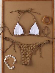 Bộ bikini kẻ caro nâu thanh lịch mới về mùa xuân/hè, trang trí khóa kim loại, gợi cảm, duyên dáng, thích hợp mặc đi biển, đi nghỉ mát hoặc hẹn hò. - Nhiều màu - Xem 3