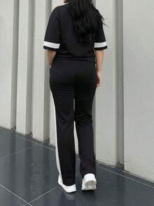 Conjunto de 2 piezas de camiseta de manga corta de cuello redondo y pantalones sueltos de cintura elástica para mujer, uso casual diario, elegante para primavera/otoño y verano - Blanco y Negro - Ver 11