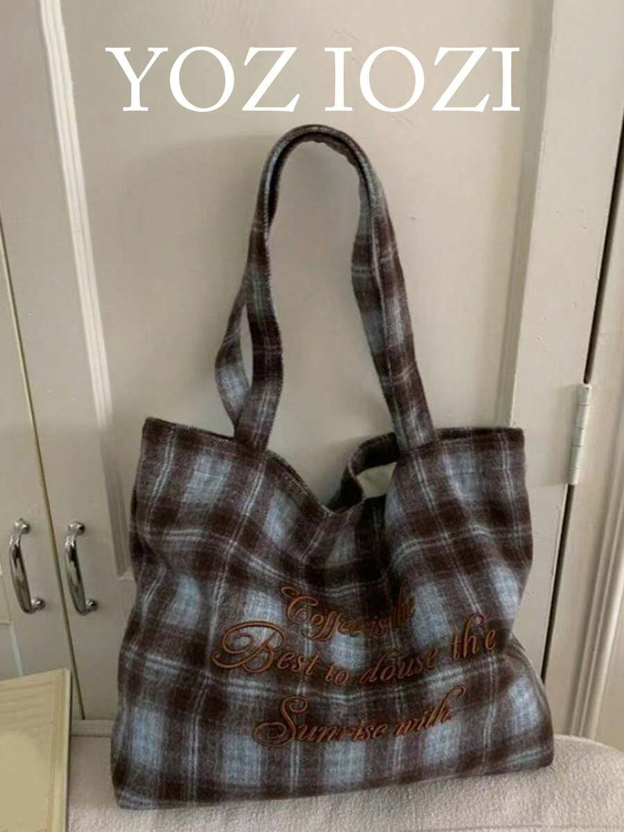 Tas Tangan Kapasitas Besar Gaya Korea Niche Desain Ins Grid Motif Huruf Korea untuk Kembali ke Sekolah, Tas Bahu Ember Gaya Kampus untuk Wanita, Cocok untuk Komuter, Santai, Belanja Sehari-hari, dan Berbelanja. - MultiWarna - View 1