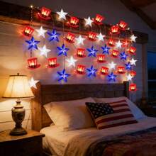 80LED 39FT Copper Wire Star Hat String Lights, Red White Blue Patriotic LED Fairy Lights, 4th Of July Decor, Ideal For Presidents Day, Independence Day, Memorial Day, Garden Yard Party Decoration - 星星帽銅線燈 - 查看 6