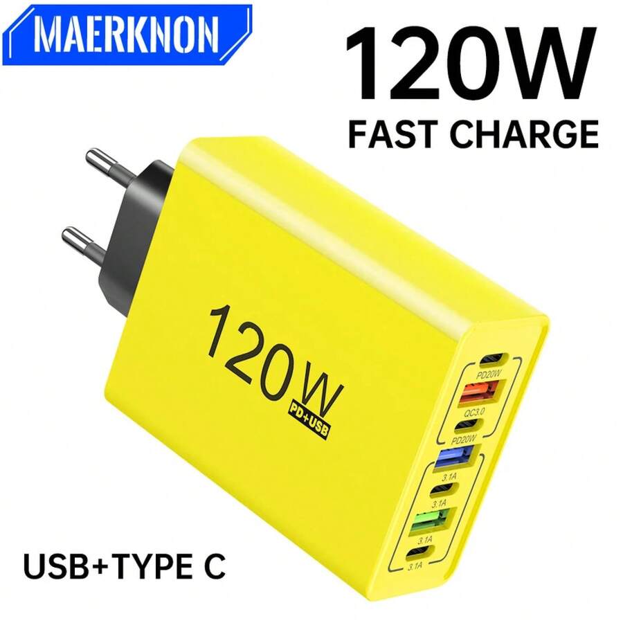 Cargador de pared de alta potencia de 120W para carga rápida de teléfonos celulares, paneles solares, para el Día de los Caídos y el inicio del verano - Enchufe europeo amarillo - Ver 1