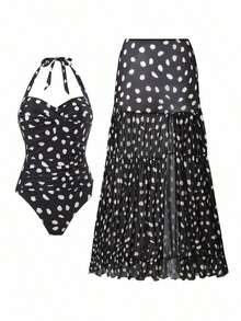 Conjunto de traje de baño de una pieza con escote halter y lunares asimétricos, talla grande falda larga para mujer - Blanco y Negro - Ver 3
