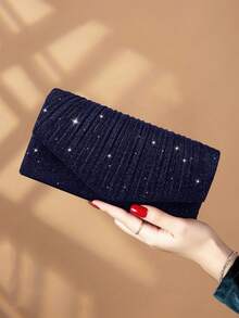 1pc Shiny Elegant Pleated Women's Handbag, Fashionable Glamorous Ladies' Evening Wallet, Envelope-Style Clutch Bag With Hidden Card Slots And Compartments, Shoulder Bag With Detachable Metal Chain, Suitable For Party Girls, Brides, Best Gift For Holidays - 藏蓝色 - 查看 7