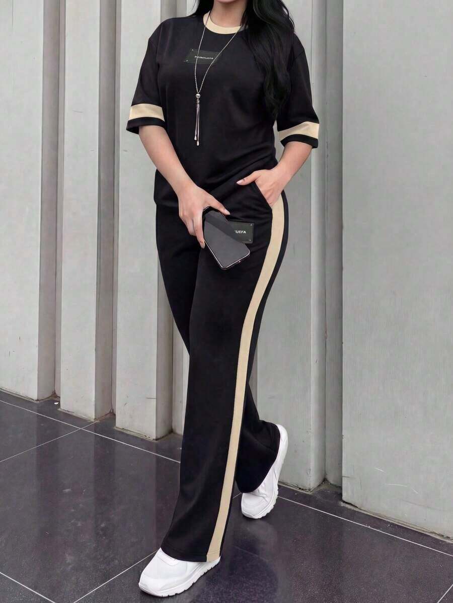 Conjunto de 2 piezas de camiseta de manga corta de cuello redondo y pantalones sueltos de cintura elástica para mujer, uso casual diario, elegante para primavera/otoño y verano - Blanco y Negro - Ver 1