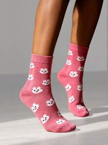 1 par de calcetines de media caña con estampado de retrato de animal de dibujos animados unisex, serie de estilo callejero, suaves y cómodos, aptos para parejas - Multicolor - Ver 4