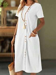 Faunlyn Vestido de bolsillo doble con botones frontales de unicolor para vacaciones casual - Blanco - Ver 5
