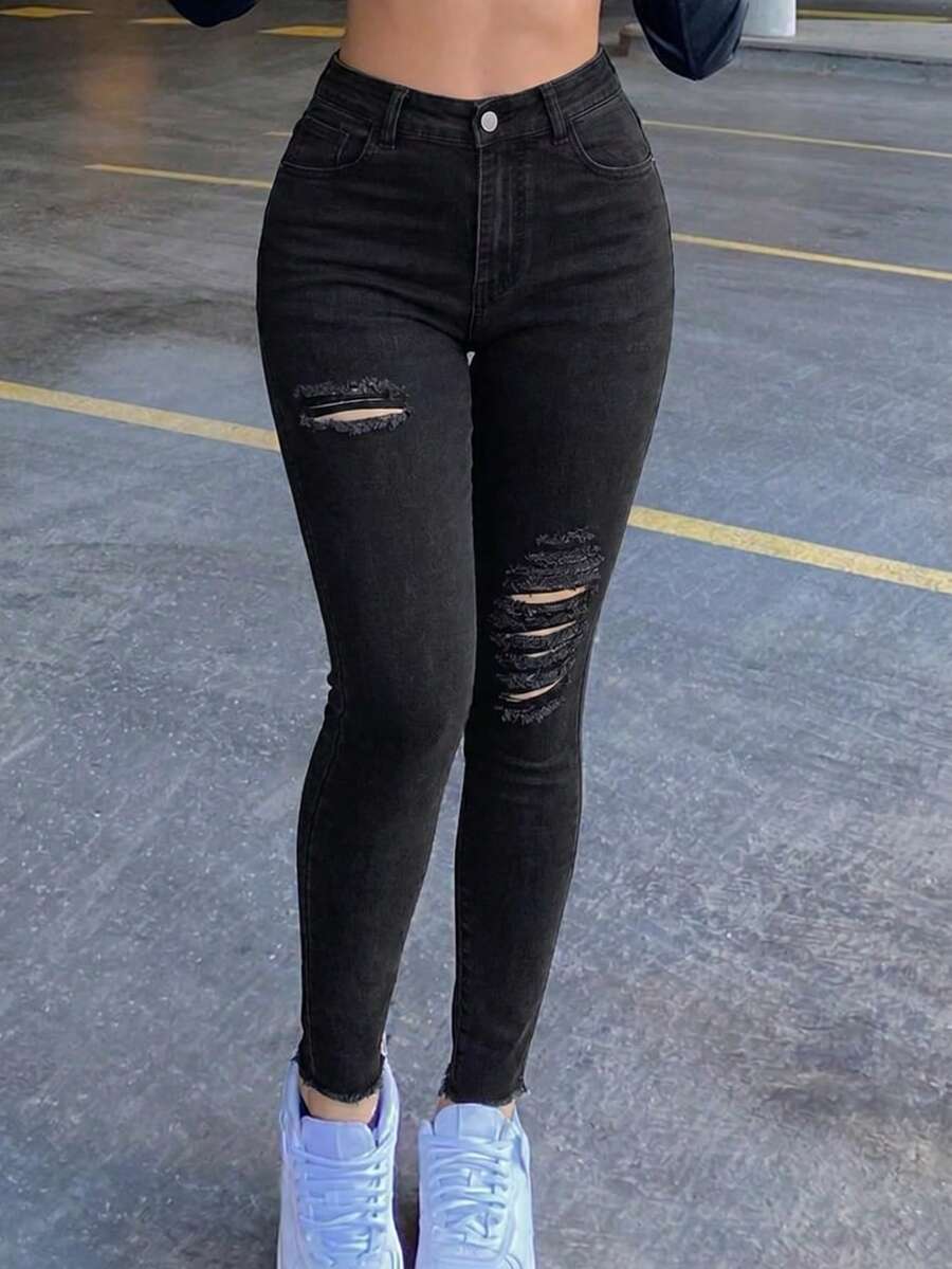 Women's High Waist Skinny Fit Distressed Hem 7/8 Length Jeans - Black - View 1
