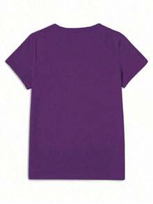 Camiseta casual de mujer con cuello redondo y manga corta con estampado floral - Morado - Ver 2