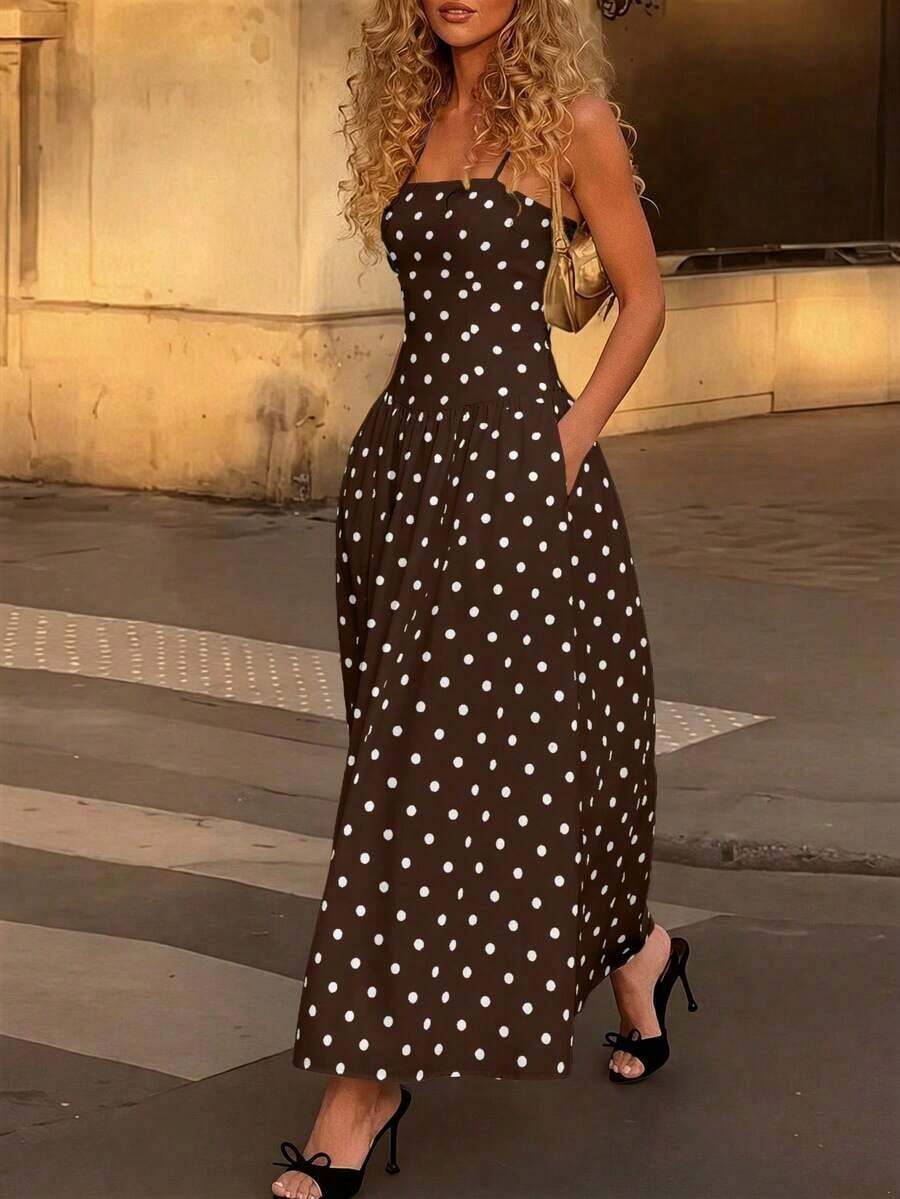 YHH2026 Nuevo vestido elegante, sexy y casual de primavera/verano para vacaciones, fiestas de té, festivales de música country, con volantes en la cintura, tirantes a lunares, color blancoYHH - Marrón - Ver 1