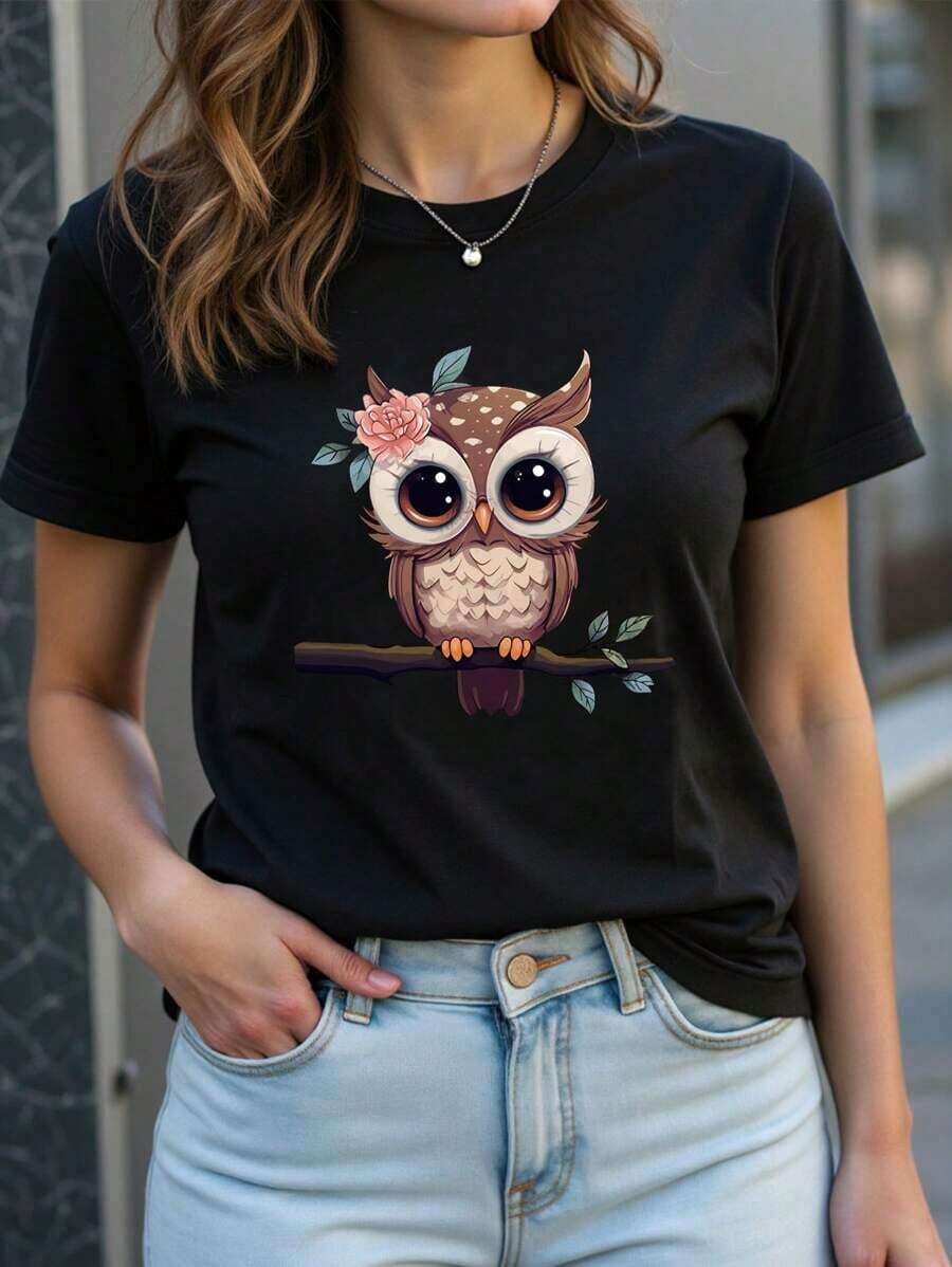 Camiseta de manga corta con cuello redondo y estampado de búho de dibujos animados para mujer, camisetas gráficas para mujer. - Negro - Ver 1
