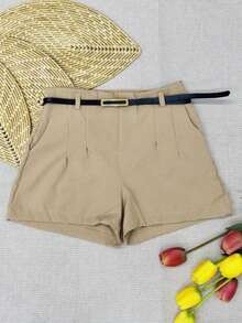 Women's Tailored High-Waisted Shorts + Belt With Gold Buckle - 卡其色 - 查看 4
