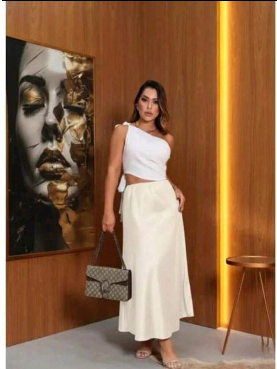 Women's Elegant Casual Satin Midi Skirt - 白色 - 查看 1