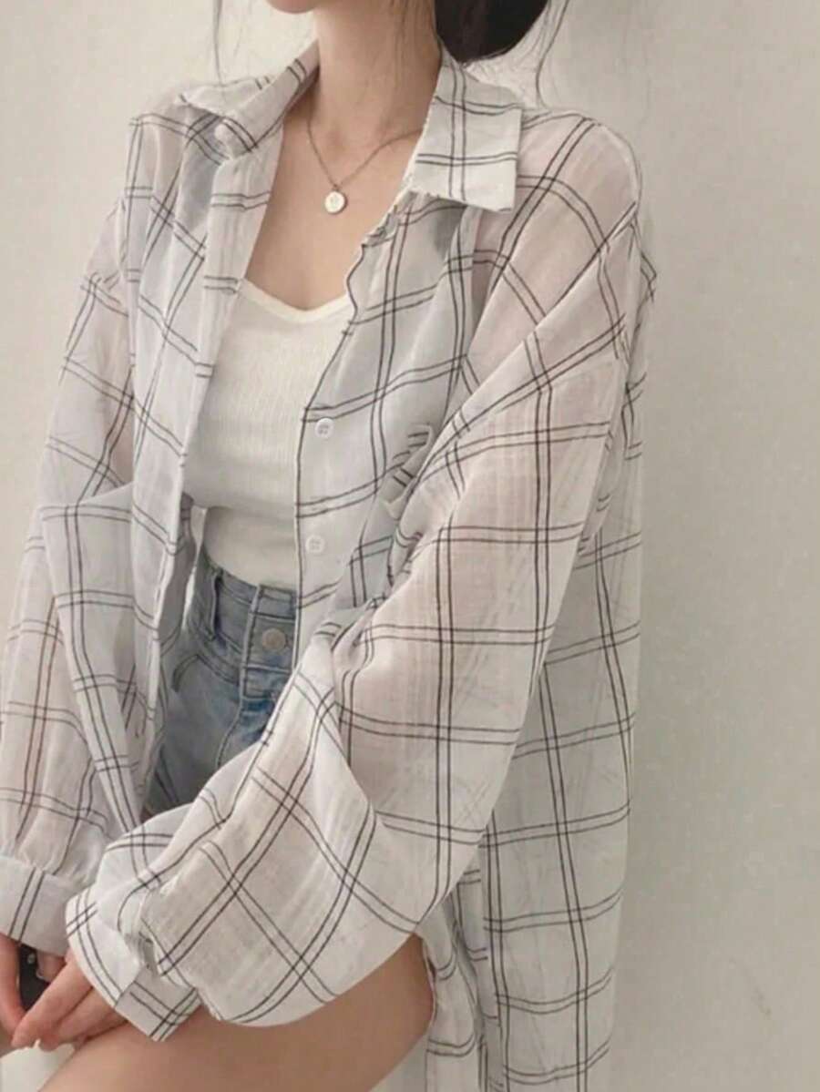 Korean Chic Summer French Casual Loose Thin Plaid Long Sleeve Shacket For Women Spring White - White - View 1