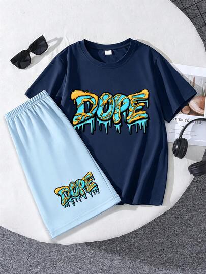 Set de 2 piezas: Camiseta de manga corta con cuello redondo y estampado en inglés + Pantalones cortos casuales para adolescentes varones, nuevo conjunto de verano cómodo