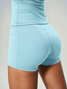 UONNOU Bộ đồ thể thao tay ngắn 2 món, quần short có túi bên hông và cạp chun, thích hợp cho yoga, thể thao, mặc hàng ngày, mọi mùa. - Màu xanh lam - Xem 7