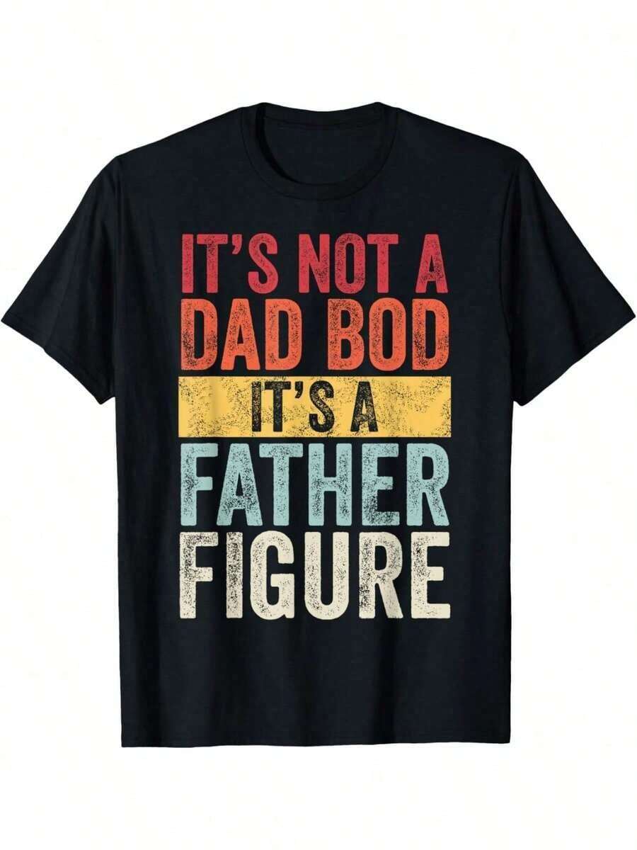 Casual T-Shirts, 's Day Gifts, "NOT A FIGURE, HE'S A PATERNAL FIGURE" - Retro - Typography - - Soft Casual Short Sleeve Print In 220gsm Pure Cotton - 黑色 - 查看 1