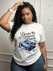 Women's Denim T-Shirt With Diamond And Pearl Print, Elegant, Casual For Office, Soft And Pleasant To The Touch, Round Neck, Regular Sleeve, For All Seasons, 100% Cotton. - 白色 - 查看 3