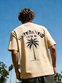 Coastal | New Men's Summer T-Shirt With Coconut Tree And Letter Print, Short Sleeve, Crew Neck, Casual Holiday Wear, 100% Cotton - 杏色 - 查看 1